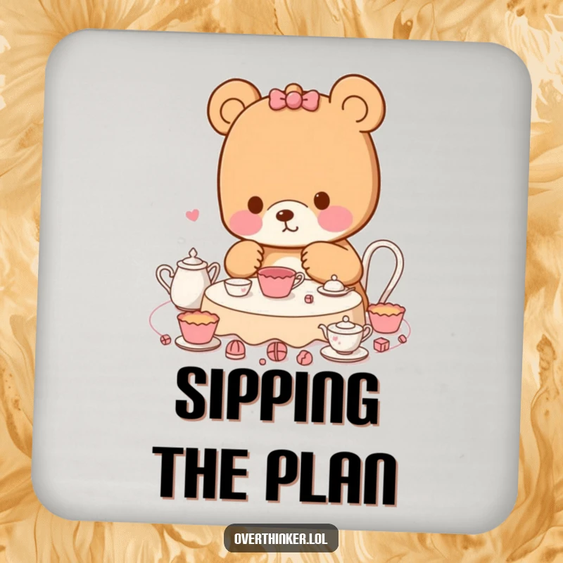 Funny Kawaii bear drink coaster showcasing a meticulous character planning a tea party, offering humorous protection for surfaces.