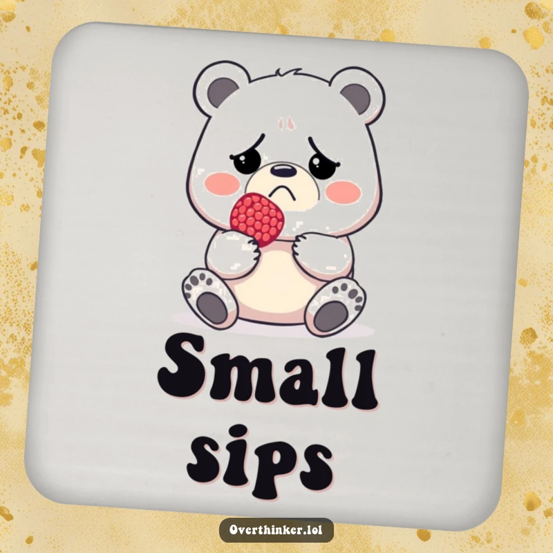 Funny drink coaster showing a grumpy bear holding a single small berry, representing minimal possessions.