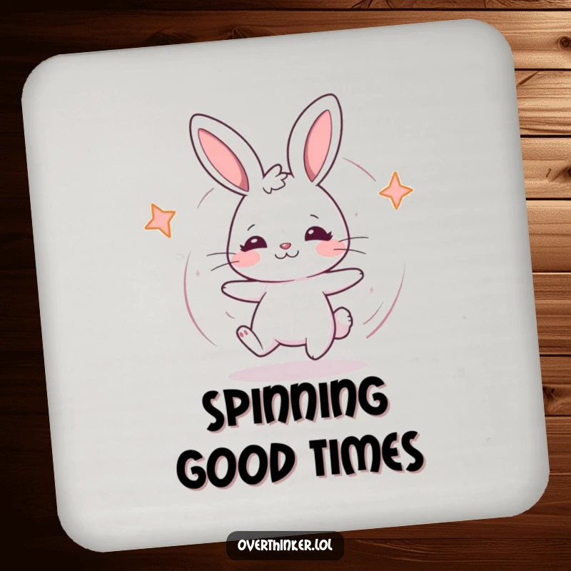 Funny Kawaii rabbit drink coaster with a cute rabbit spinning in confusion, perfect for surface protection and humor.