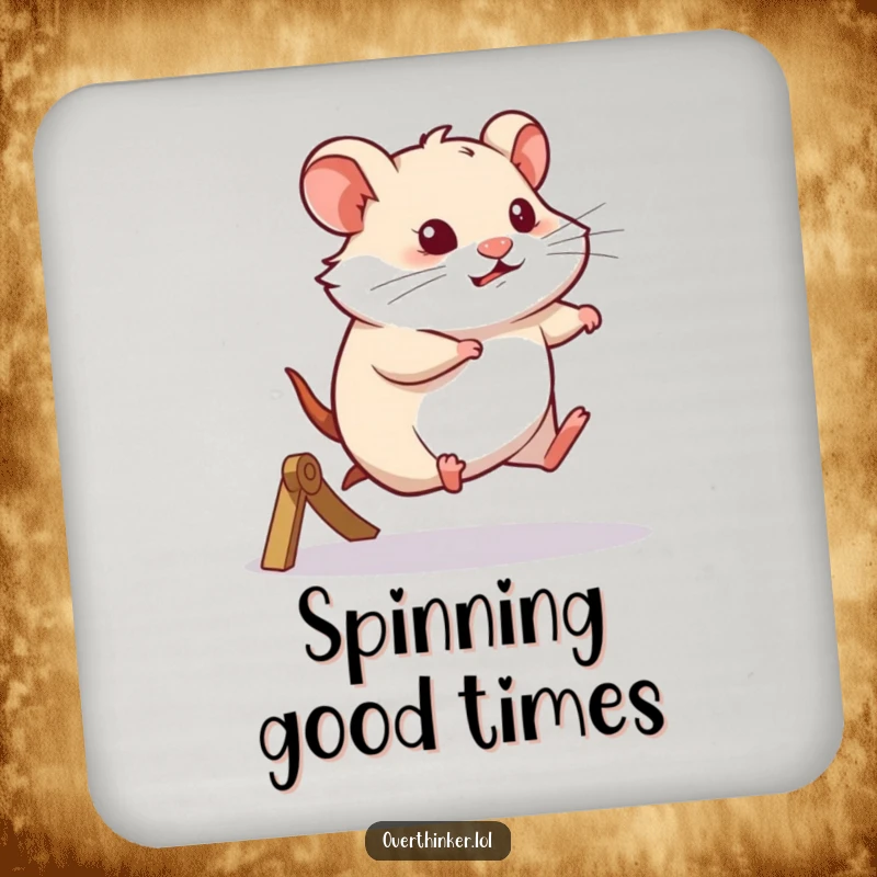 Funny drink coasters with a hamster running on a wheel and looking thoughtful, adding humor and protection to tabletops.
