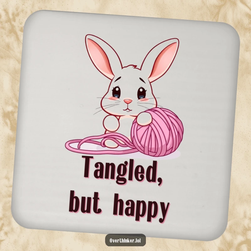 Funny drink coaster with a confused rabbit looking at a tangled yarn ball, adding a touch of crafty fun.