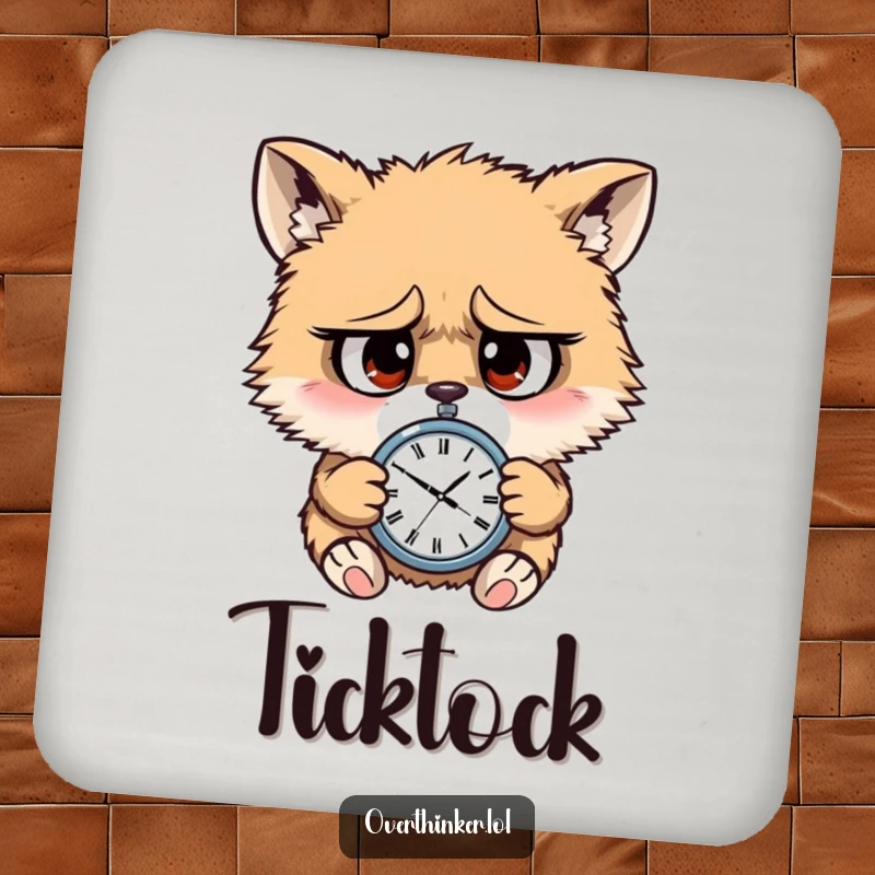 Funny coaster art of a furry creature with worried eyes, checking a tiny watch, a humorous reminder about time.