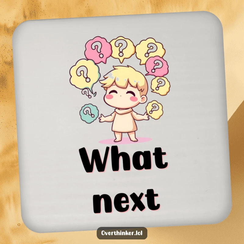 Funny coaster art of a character juggling thought bubbles full of question marks, representing a curious mind.