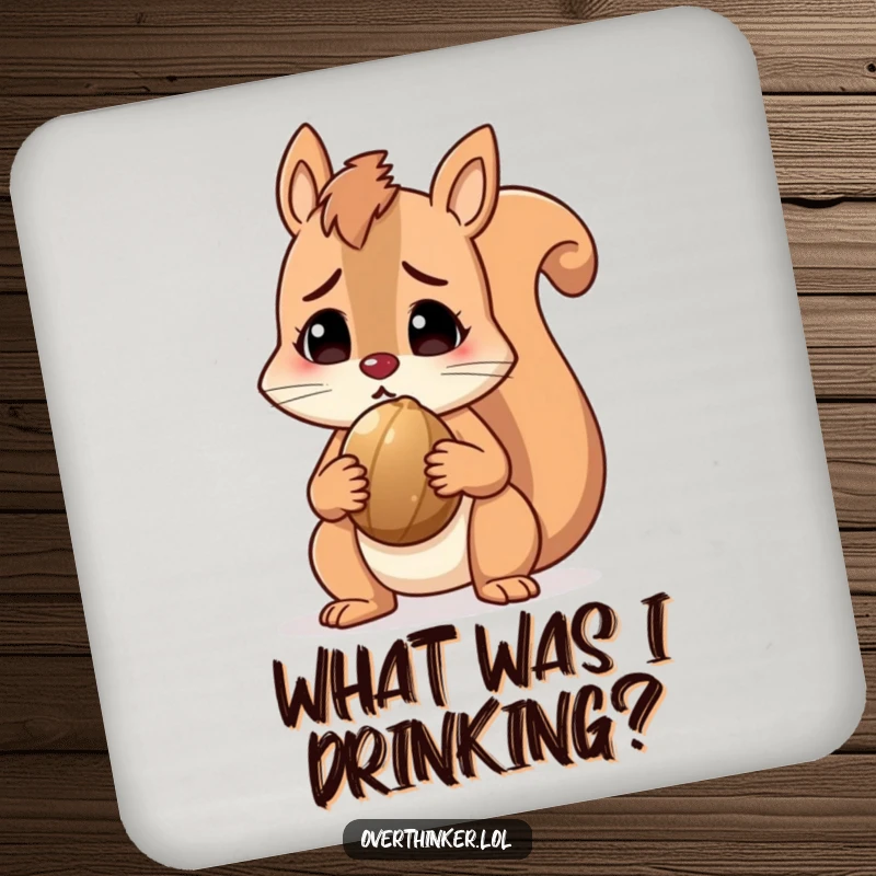 Funny squirrel coasters featuring a perplexed character holding a nut, offering humorous surface protection. Ideal gift.