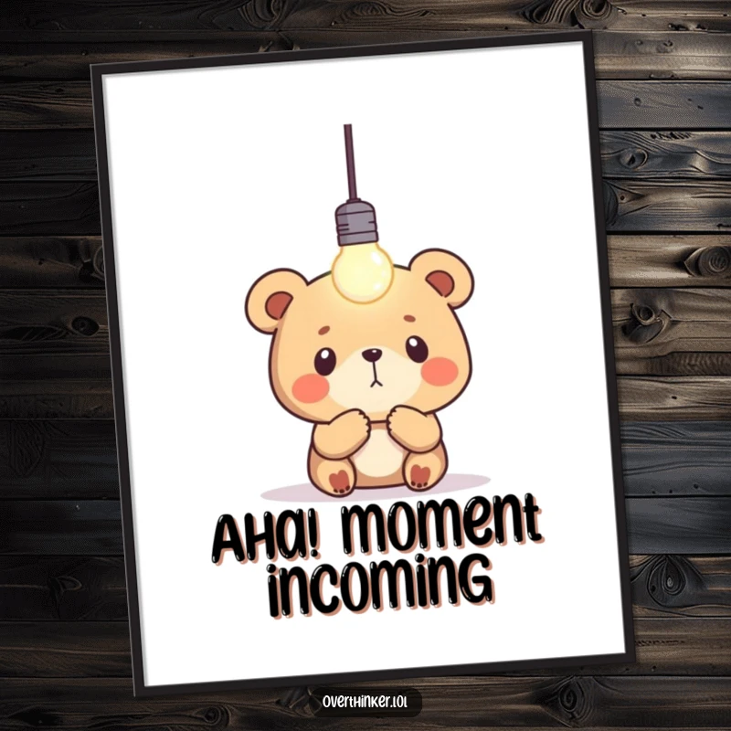 Funny bear poster illustrating a focused bear intently watching a single blinking lightbulb, symbolizing the birth of an idea.
