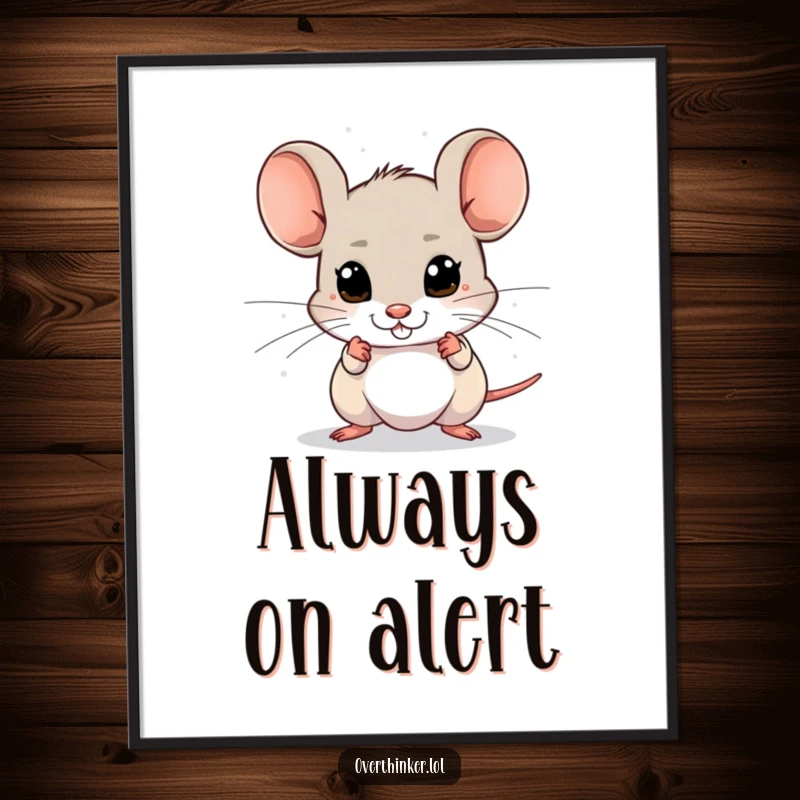 Funny poster illustrating a little mouse with darting eyes, sensing imaginary dangers, adding humor to decor.
