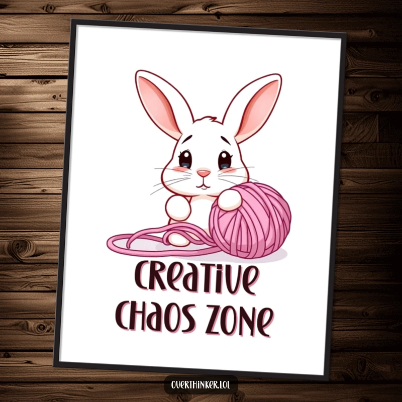 Funny poster capturing a confused rabbit with perked ears gazing at a knotted yarn ball, radiating adorable bewilderment.