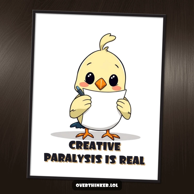 Funny art poster of an overthinking bird holding a pen, intensely focused on a blank piece of paper, ready to create.