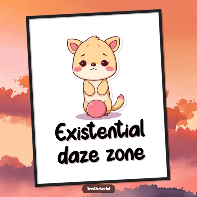 Funny kawaii animal poster depicting a cute animal with its head stuck in a giant question mark, looking dazed.