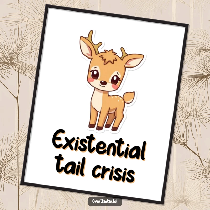 Funny poster depicting a deer character with a bewildered expression gazing at its own tail, a humorous piece of animal art.