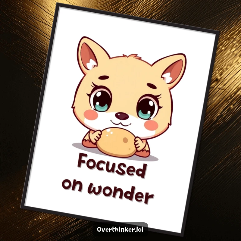 Funny poster art of an animal character with extremely large, wide-open eyes, staring intently at a small, plain object.