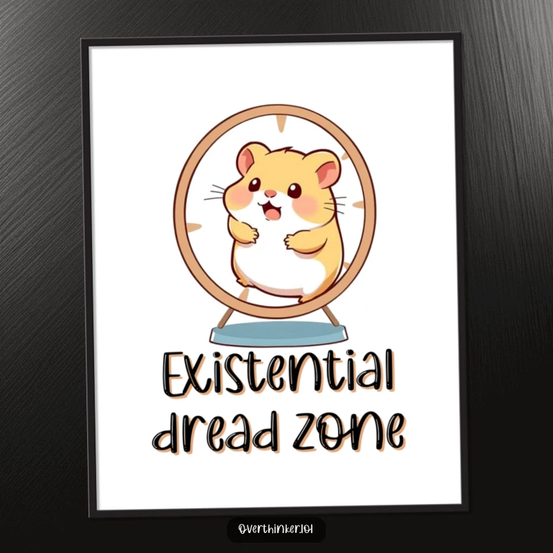 Funny poster illustration of a hamster spinning a wheel at maximum speed, looking completely frazzled and overwhelmed.