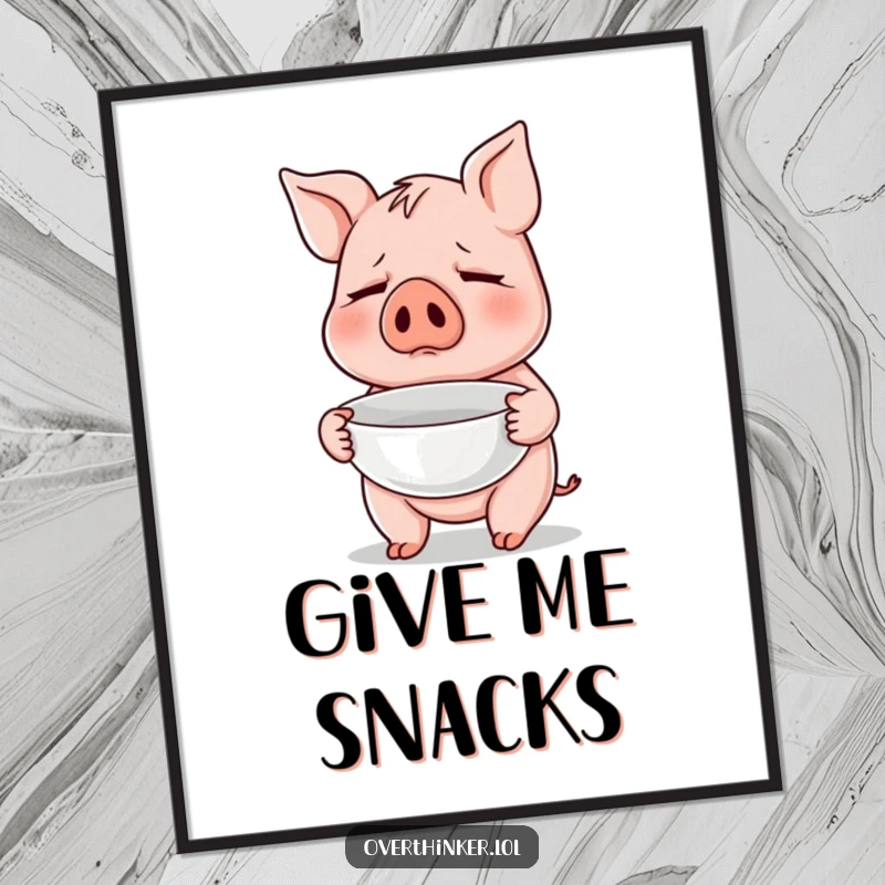 Funny poster art of a pig nervously holding an empty bowl, symbolizing hunger and the anticipation of a meal.