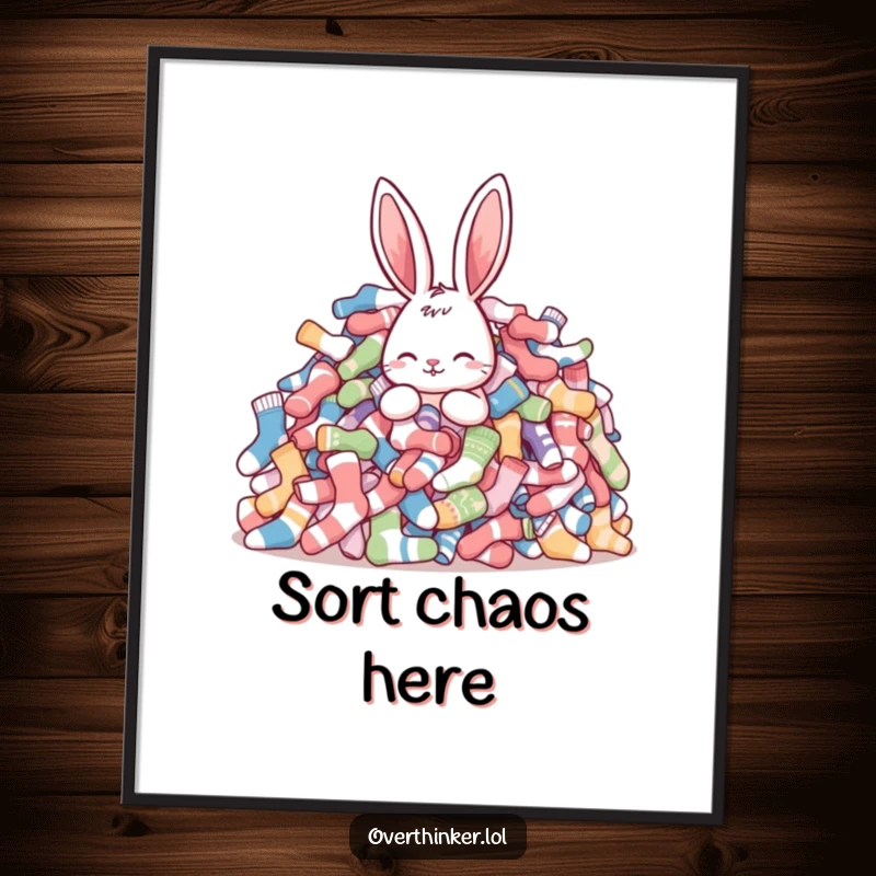 Funny rabbit poster showing a rabbit comically struggling to sort a gigantic mountain of mismatched socks, adding humor to any decor.