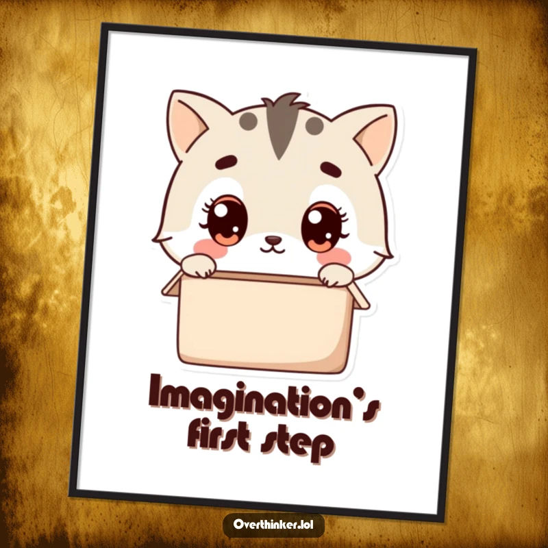 Funny kawaii poster art of a cute animal character with wide eyes, pondering an empty box, symbolizing curiosity and the unknown.