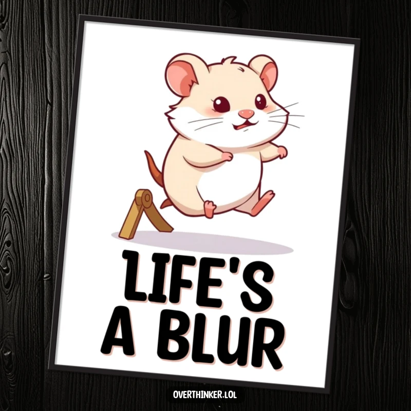 Funny poster art of a hamster furiously running on a wheel while appearing deeply thoughtful, symbolizing the mind at work.