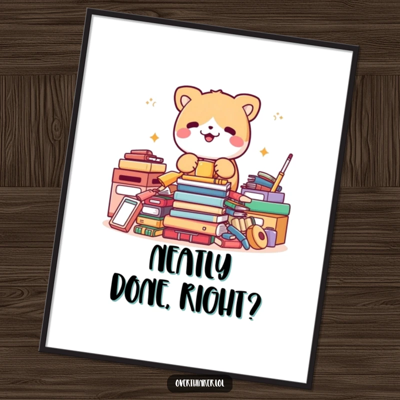 Funny poster art of a cute animal character in a state of organized chaos, tidying a stack of perfectly neat items.