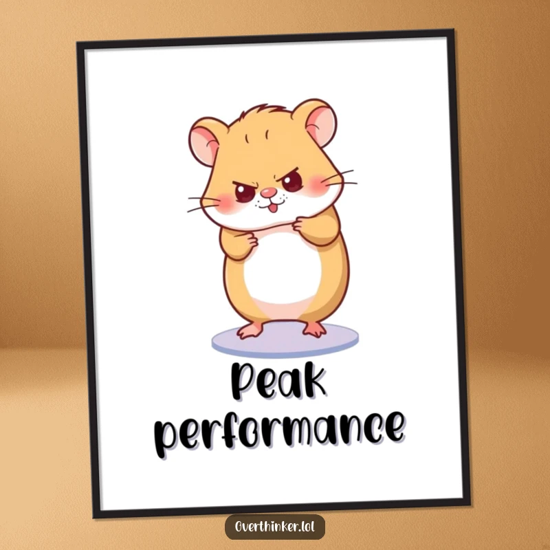 Funny poster artwork of a hamster character spinning its wheel with intense concentration, emphasizing dedication and focused effort.