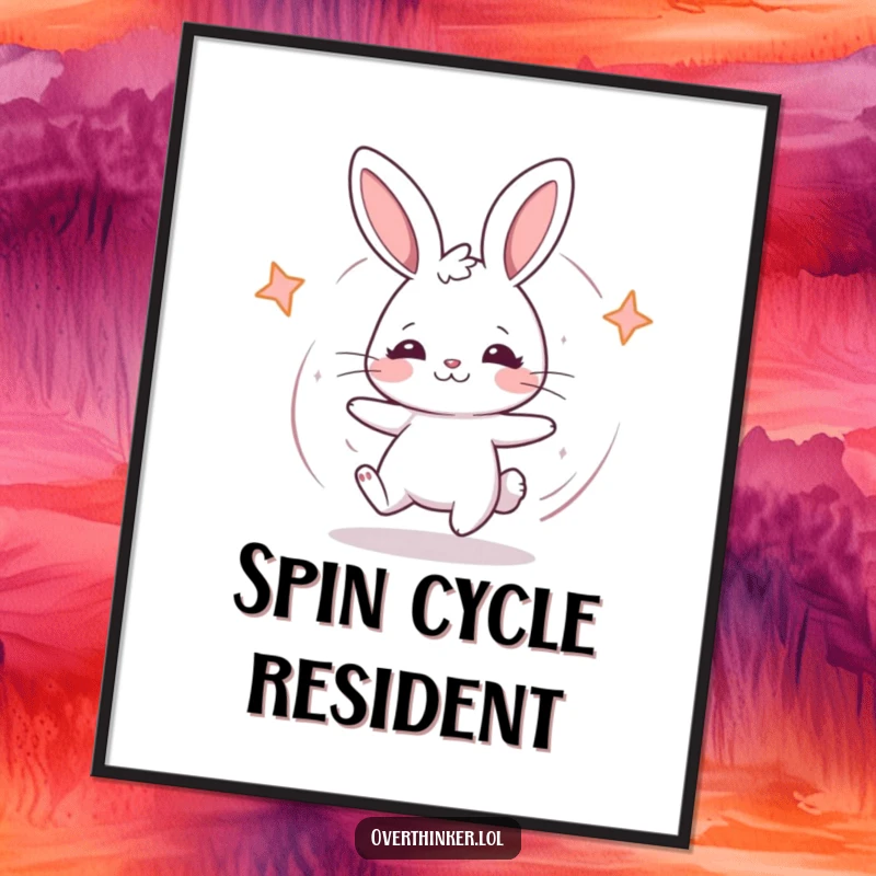 Funny Kawaii rabbit poster print depicting a cute rabbit spinning in confusion, adding a whimsical touch.