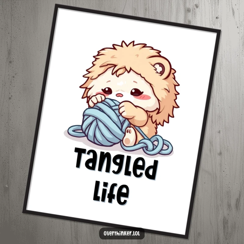 Funny poster art of a fluffy creature with its paws in a chaotic ball of yarn, celebrating the joy of crafting.