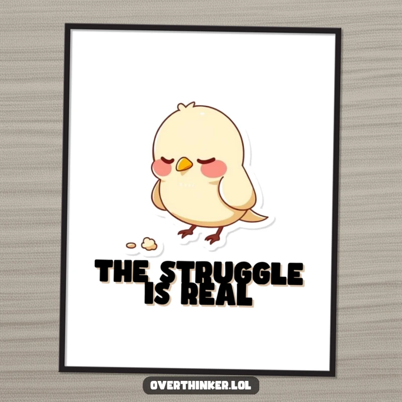 Funny poster artwork of a bird character nervously pecking at an unmoving crumb, embodying anxiety and meticulous, concentrated effort.