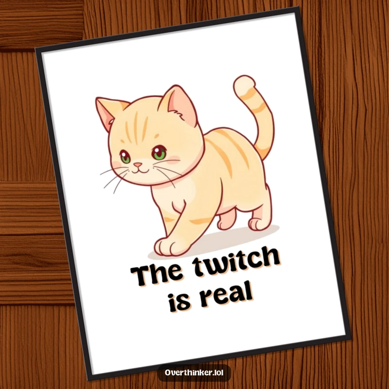 Funny poster art of a cat in mid-pace, its tail twitching like a live wire, conveying anxiety.