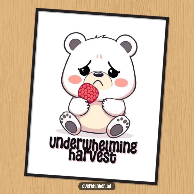 Funny poster illustration of a disgruntled bear holding a single, diminutive berry, conveying disappointment.