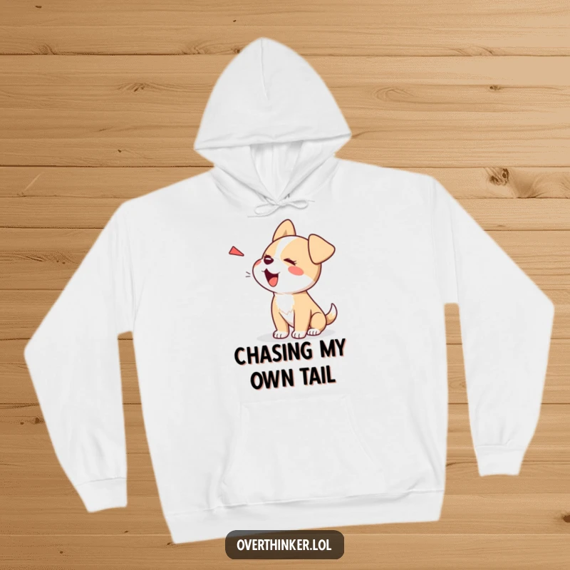Funny Kawaii dog hoodie, a cute character bravely barking at its own shadow, offering cozy and humorous warmth.