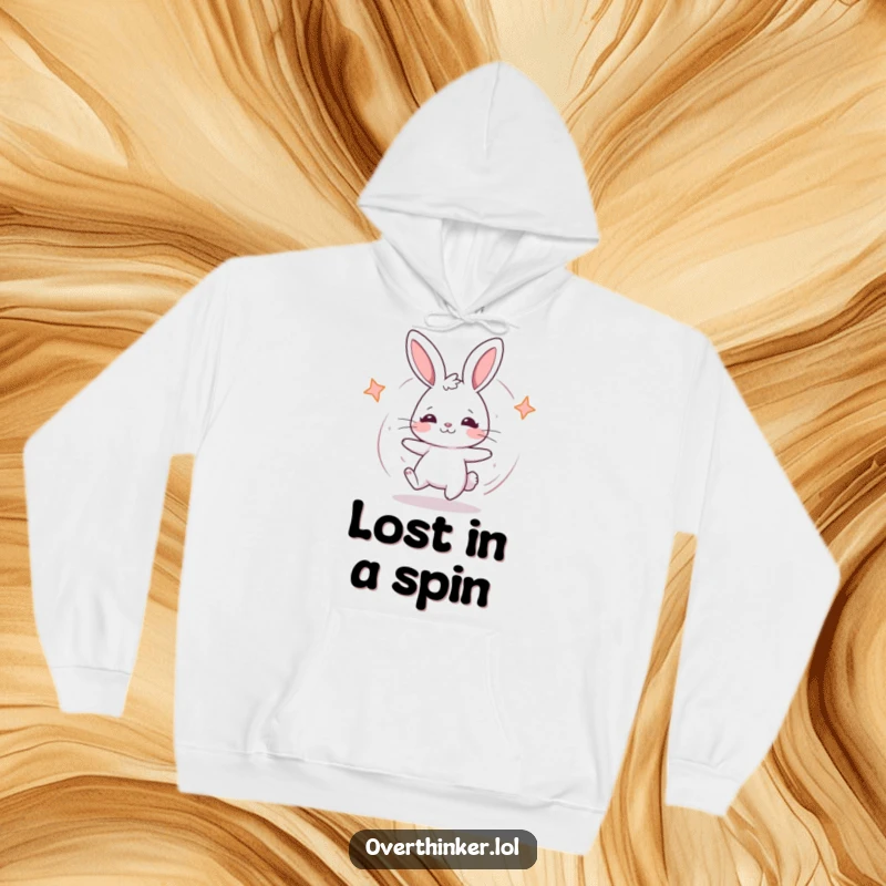 Funny Kawaii rabbit hoodie showing a cute rabbit spinning with mild confusion, perfect for cozy and humorous wear.