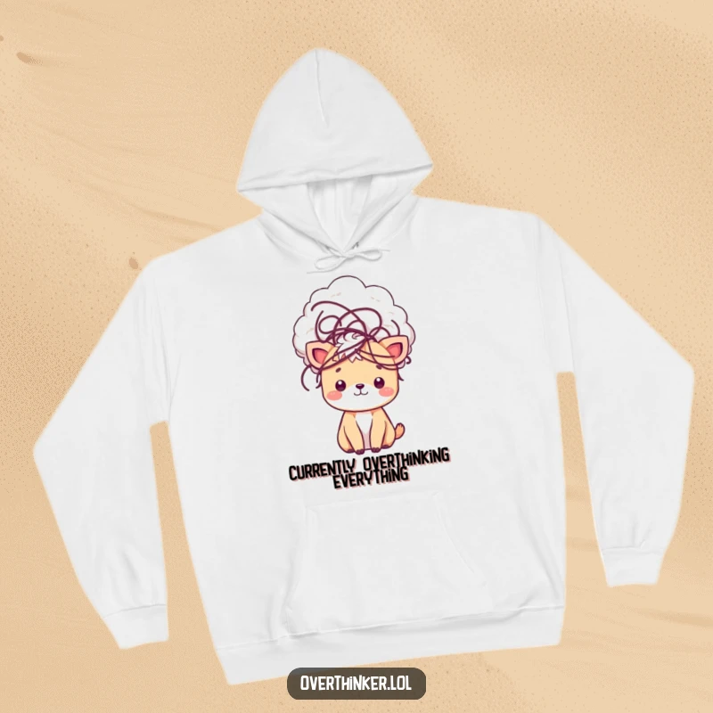 Funny kawaii hoodie featuring a cute animal with a dense cloud of tangled thoughts around its head, ideal for comfort and contemplation.
