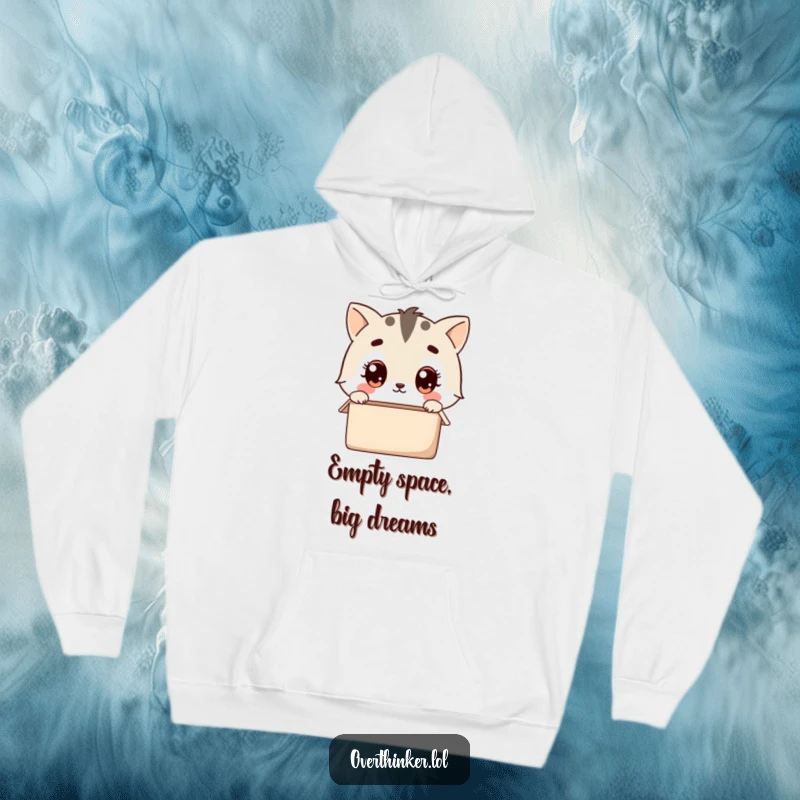 Funny kawaii hoodie with a cute animal character wide-eyed, pondering an empty box, perfect for cozy contemplation and quiet thought.