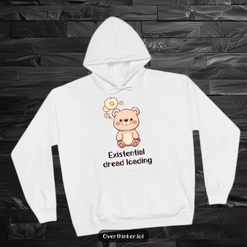 Funny bear hoodie with a cute character surrounded by swirling thought bubbles, showcasing a humorous and pensive moment. Ideal gift.