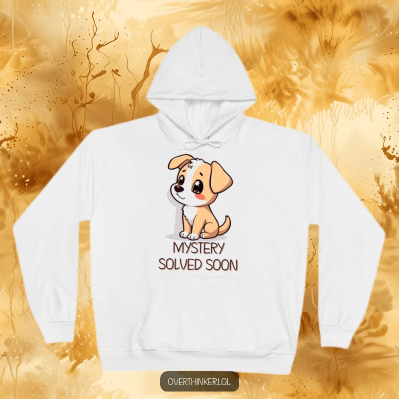 Funny hoodie featuring a dog tilting its head, with wide eyes fixed on a wall shadow, conveying a sense of playful bewilderment.