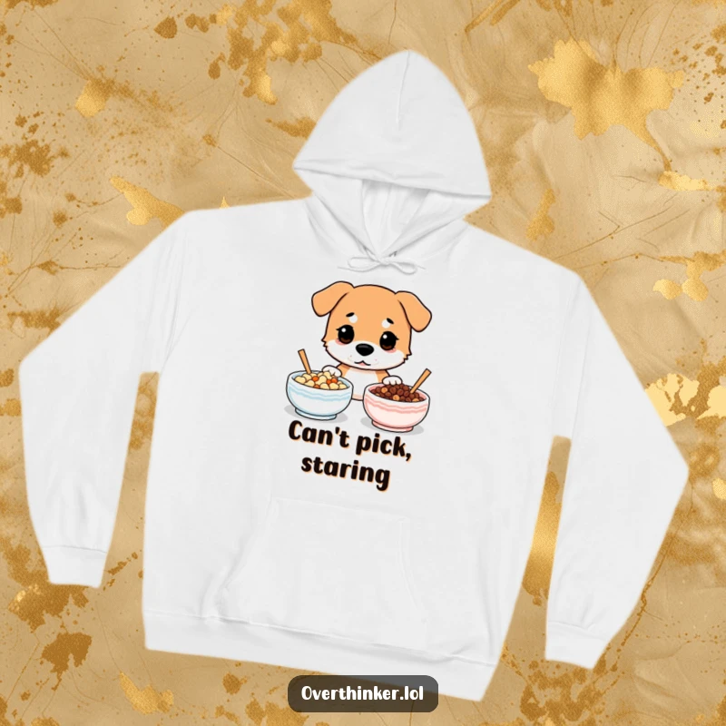 Funny hoodie design of a dog looking utterly perplexed between two identical food bowls.