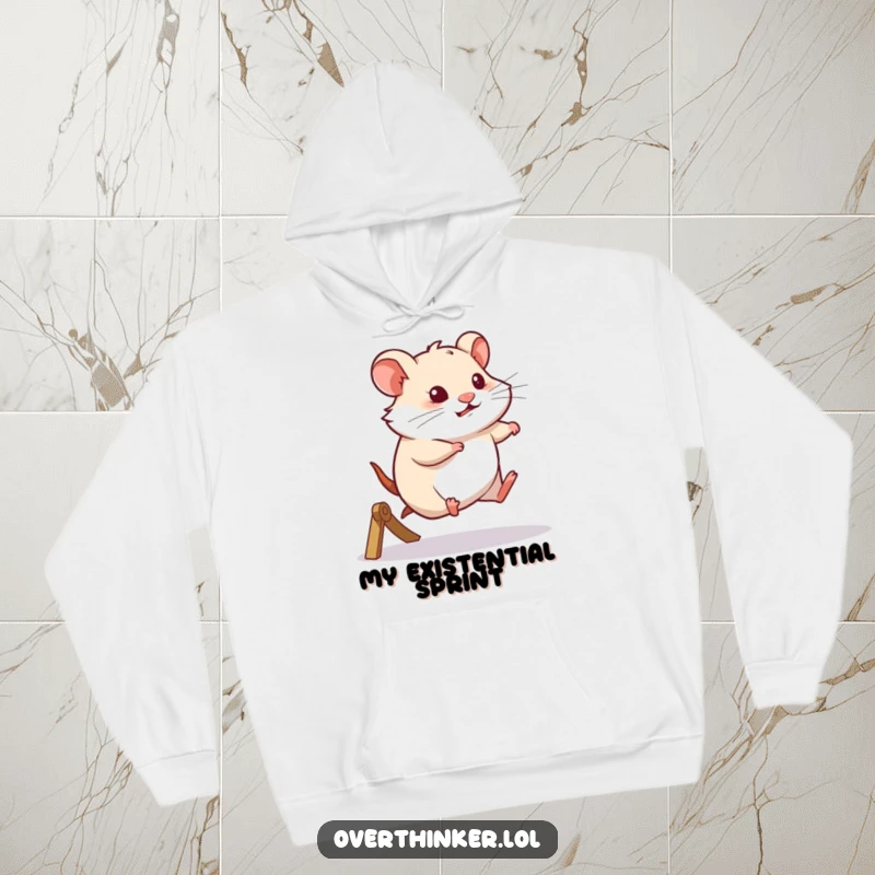 Funny hoodie featuring a hamster running on its wheel with a surprisingly thoughtful and philosophical expression, great for cozy days.