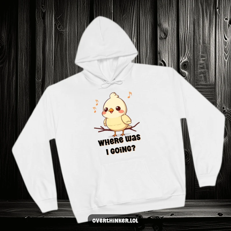 Funny Kawaii bird hoodie, a cute character mid-song, forgetting the ending, offering cozy and humorous comfort.