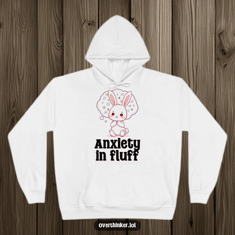 Funny Kawaii rabbit hoodie featuring a character with a massive thought bubble filled with small worries, offering comfort and humorous self-expression.