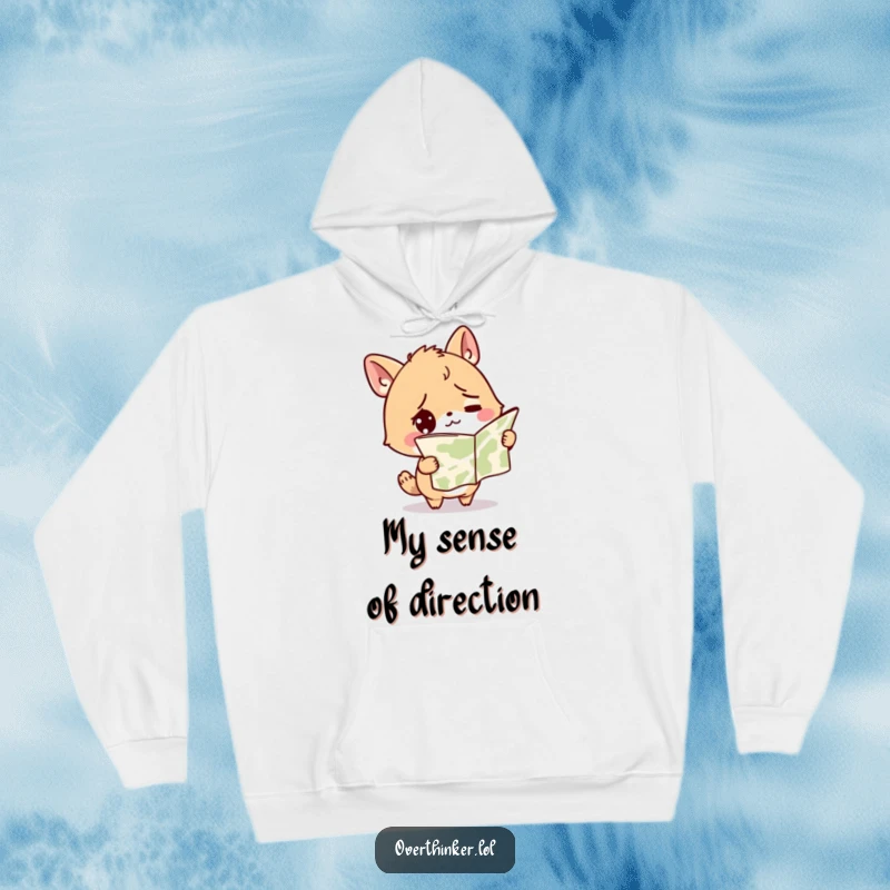 Funny hoodie featuring a cute, confused animal character holding a map upside down, looking utterly lost and seeking directions.