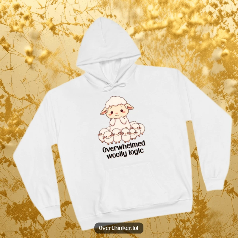 Funny hoodie of a sheep character looking overwhelmed while counting an excessive amount of sheep.