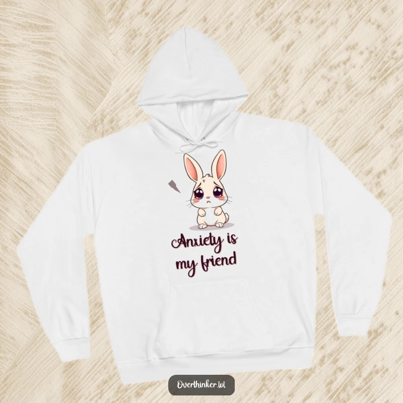 Funny hoodie showcasing a rabbit with wide, fearful eyes staring at a large, dark shadow. Cozy and humorous for anyone who worries.