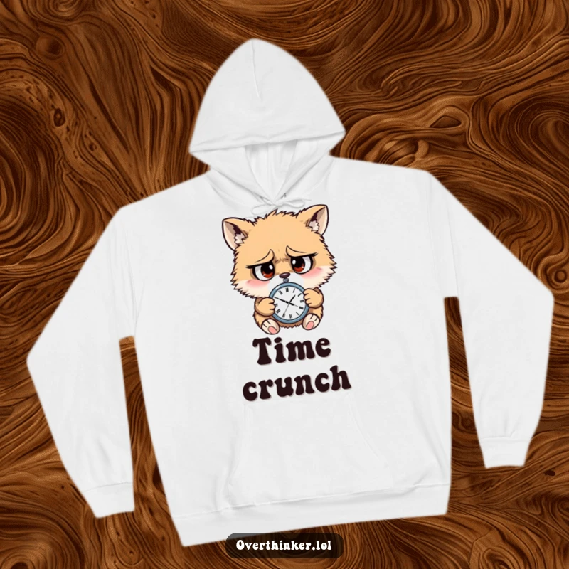Funny hoodie with a fluffy animal character looking anxious while checking a small watch, expressing the feeling of being late.