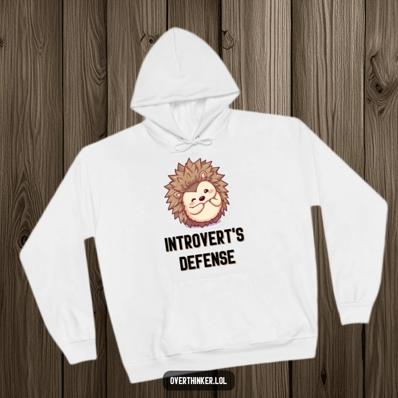 Funny Kawaii hedgehog hoodie, a cute character curling into a ball then peeking out inquisitively, offering cozy and humorous comfort.