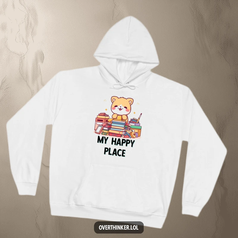 Funny hoodie design of a cute animal character energetically organizing items that are already perfectly neat, conveying humorous diligence.