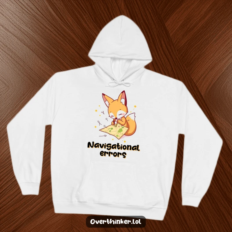 Funny fox hoodie with a frantic character drawing numerous paths on a tiny map, representing humorous navigational struggles. Great gift.