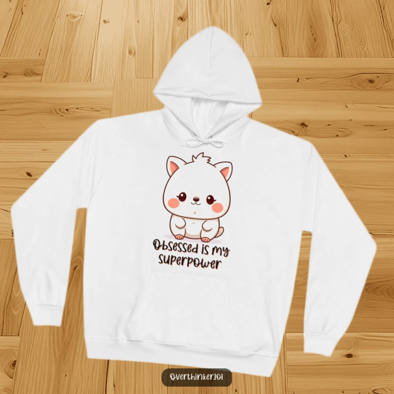 Funny kawaii hoodie with a cute animal character intently staring at a tiny speck, perfect for cozy contemplation and focused relaxation.