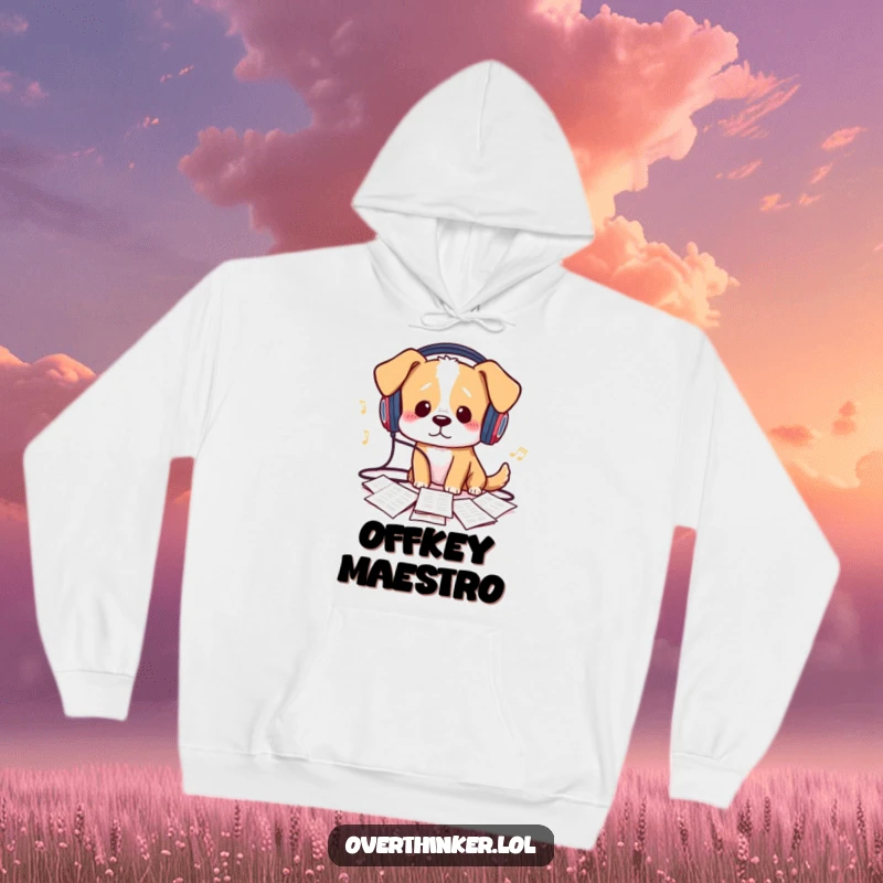 Funny Hoodie: A confused dog tangled in headphones amidst sheet music humorously depicts creative struggles and offers cozy comfort.