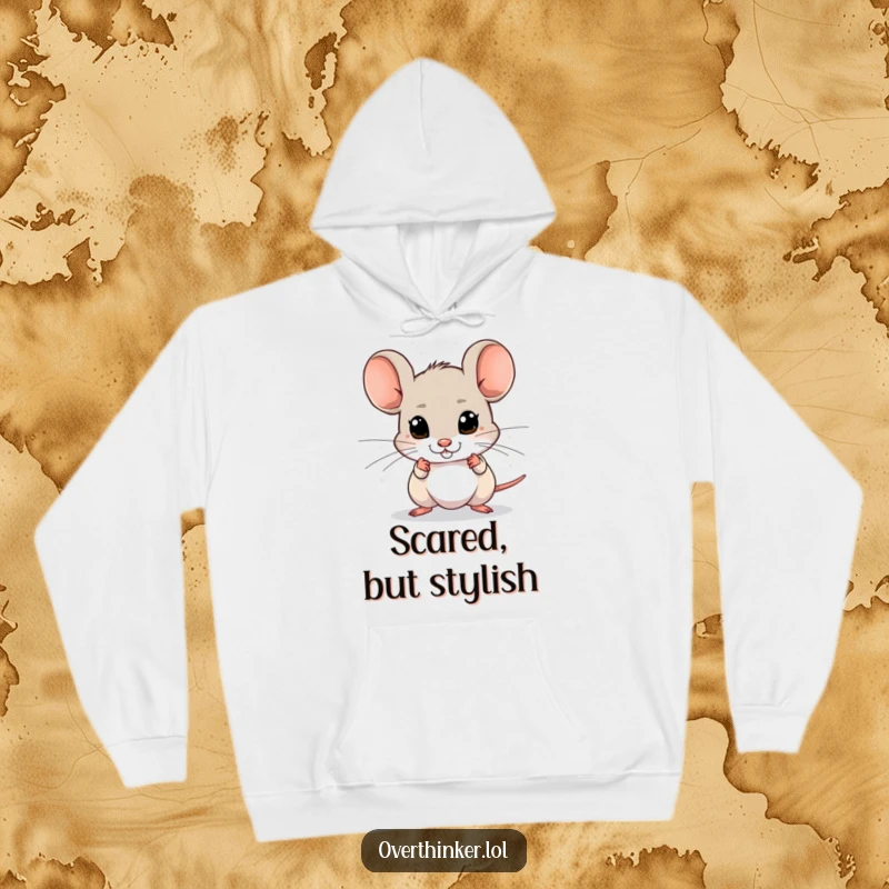 Funny hoodie depicting a mouse with wide, darting eyes, scanning for imagined dangers, representing alertness.