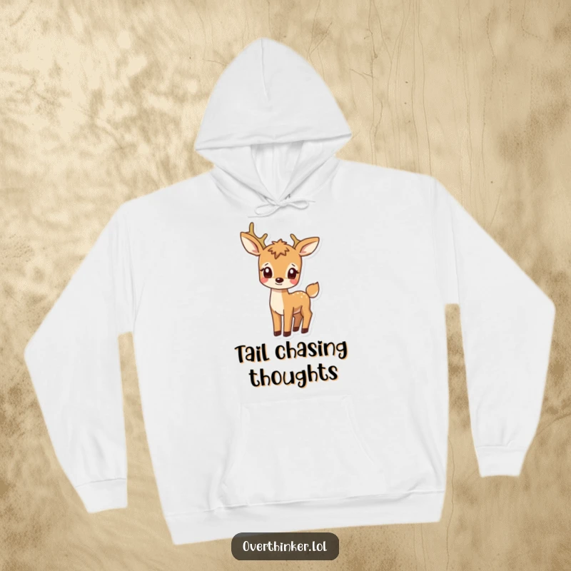 Funny hoodie showcasing a deer character with a perplexed look observing its own tail, blending comfort with comical curiosity.