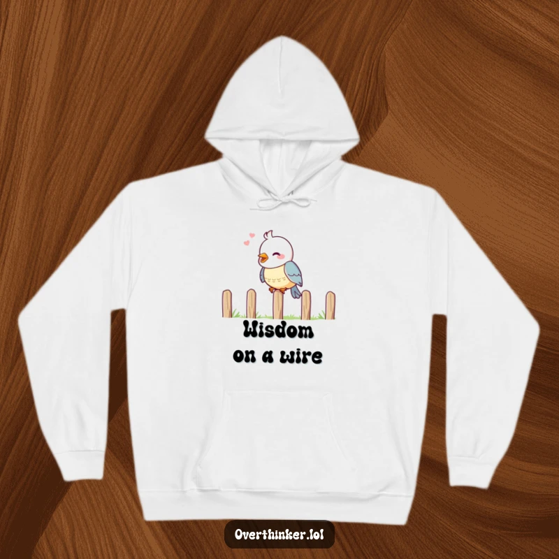 Funny hoodie design of a cheerful bird perched on a fence, head tilted in deep thought.