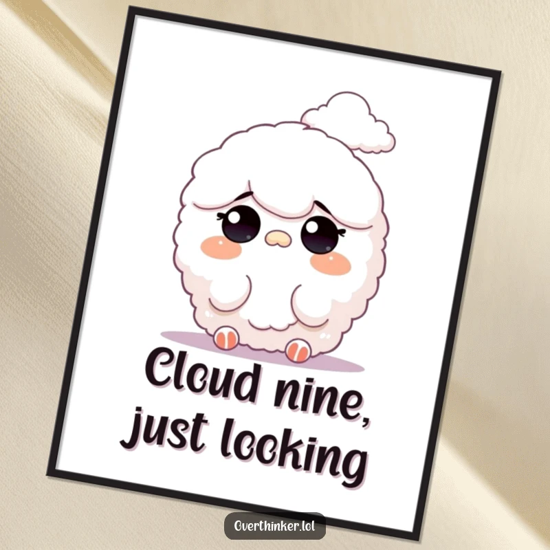 Funny Free Printable Wall Art: Fluffy character squinting at faint, distant cloud formations, serene and imaginative.